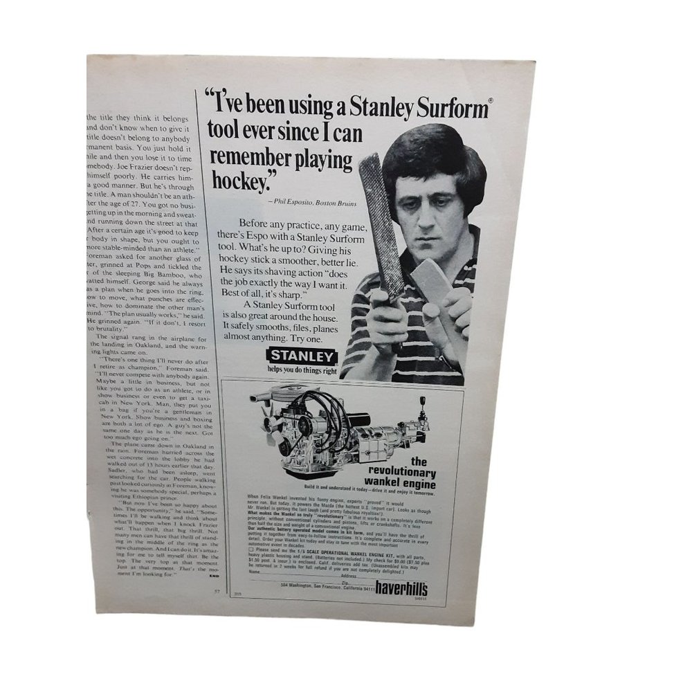 1973 Stanley Tools Phil Esposito Boston Bruins Print Ad vintage 70s